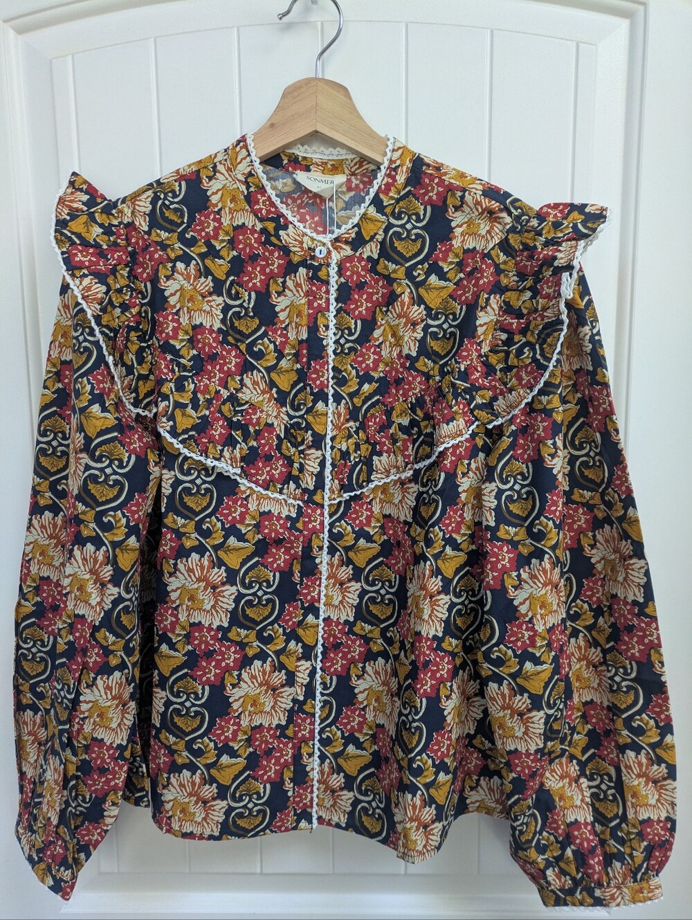 Sonmer Dorothy Floral Ruffle Blouse - Navy/Mustard/Red